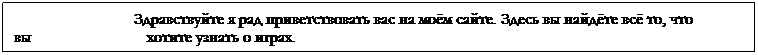 Text Box:                               Здравствуйте я рад приветствовать вас на моём сайте. Здесь вы найдёте всё то, что  вы                             хотите узнать о играх.
